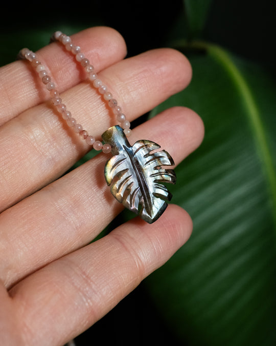 Hand Carved Monstera / Cheese Plant Beaded Necklace