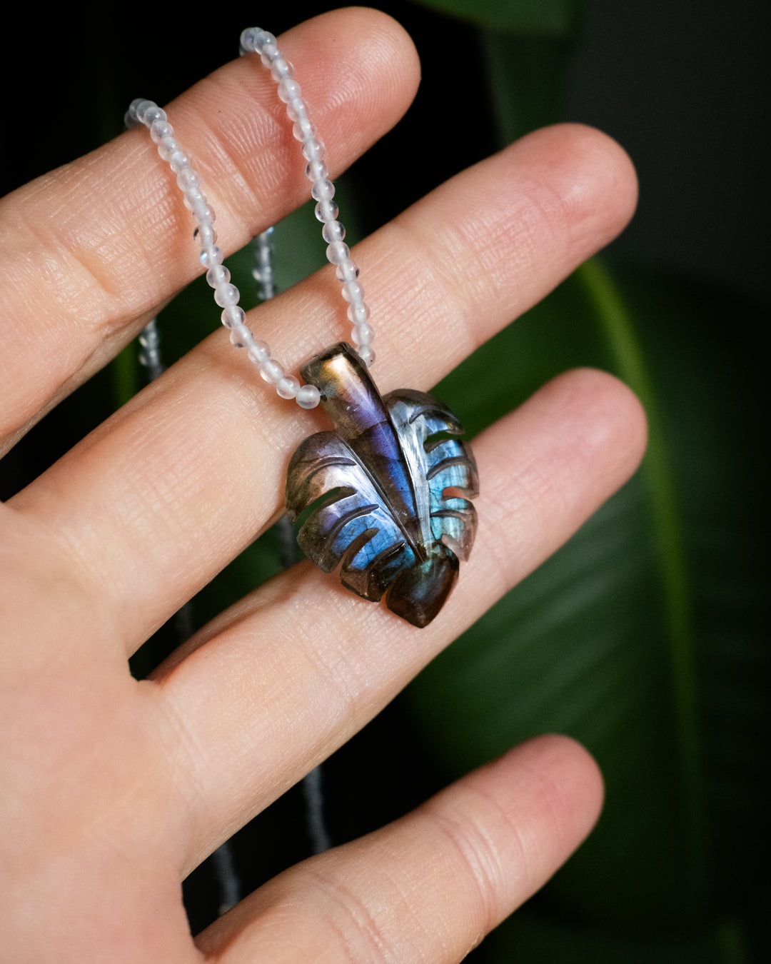 Hand Carved Monstera / Cheese Plant Beaded Necklace