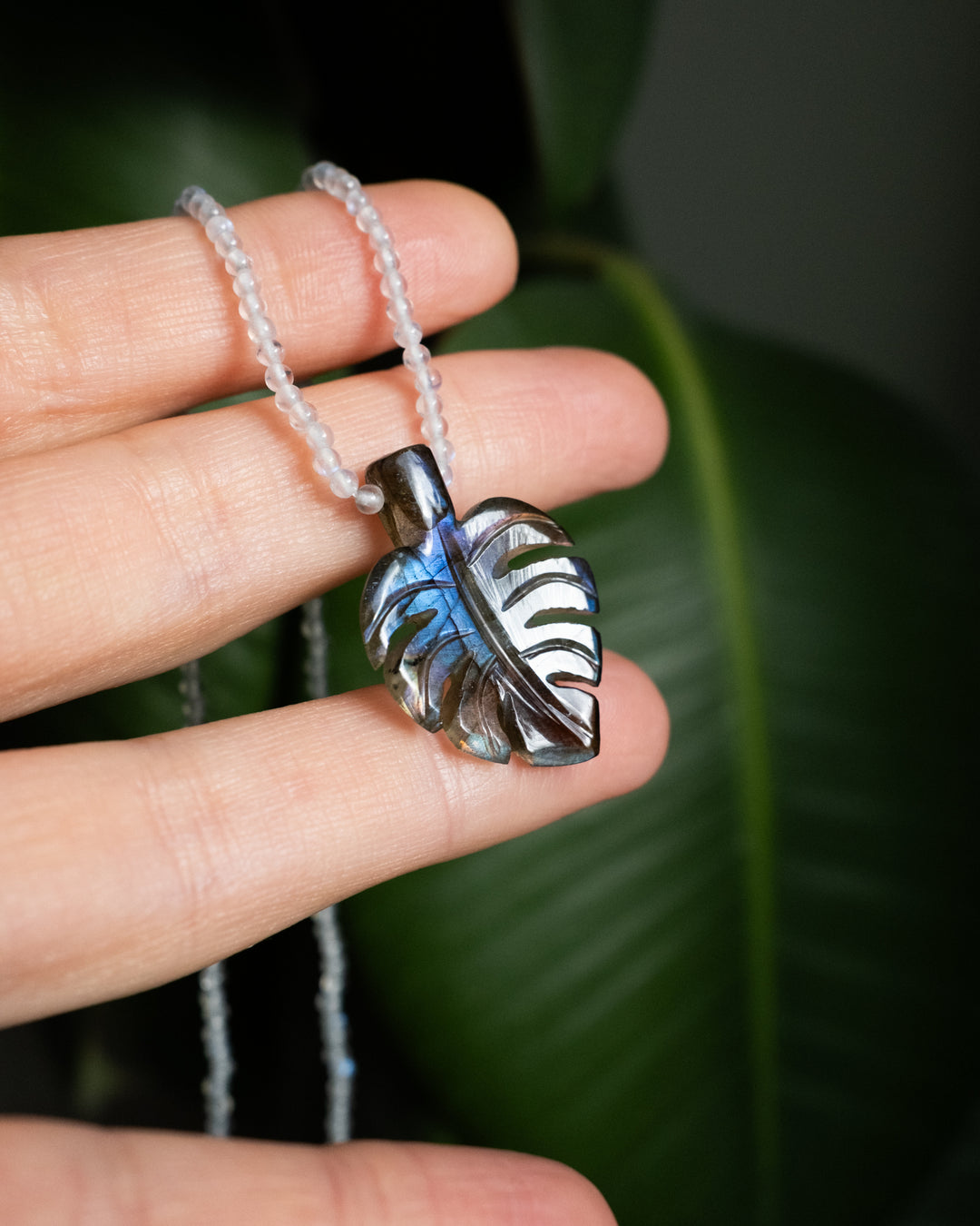 Hand Carved Monstera / Cheese Plant Beaded Necklace