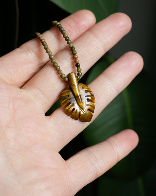 Hand Carved Monstera / Cheese Plant Beaded Necklace
