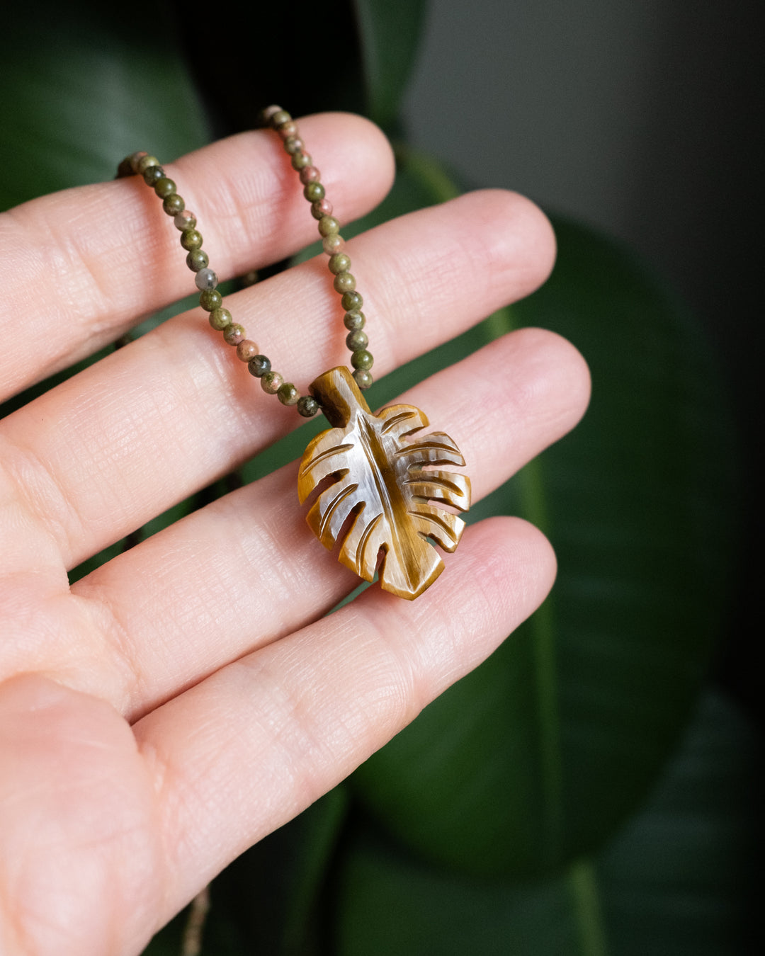 Hand Carved Monstera / Cheese Plant Beaded Necklace