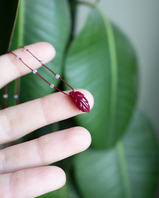 Tanzanian Ruby Hand Carved Leaf Beaded Necklace