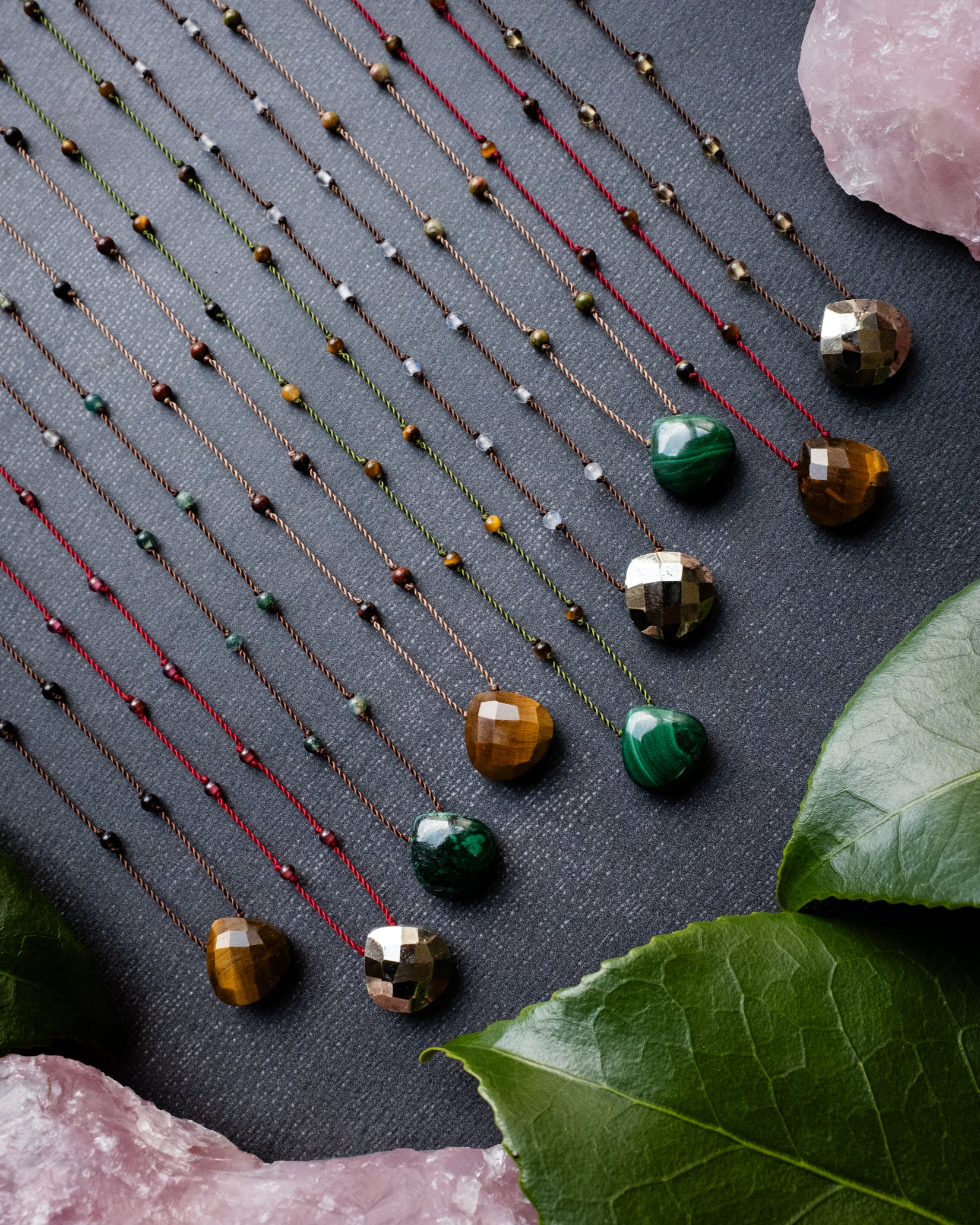 Malachite / Tiger's Eye / Pyrite Hand Knotted Beaded Necklace - The Healing Pear