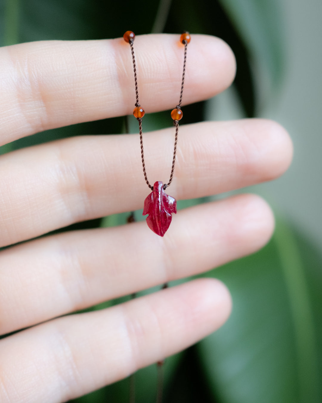 Tanzanian Ruby Hand Carved Leaf Beaded Necklace