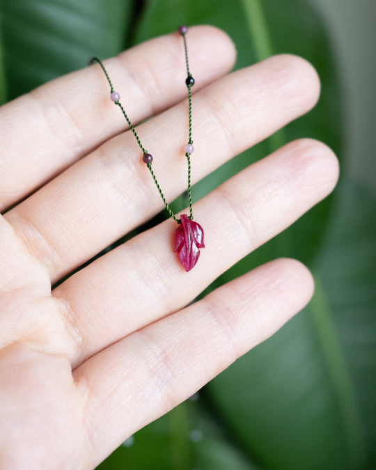 Tanzanian Ruby Hand Carved Leaf Beaded Necklace