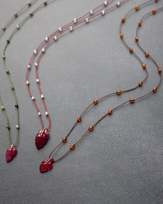 Tanzanian Ruby Hand Carved Leaf Beaded Necklace