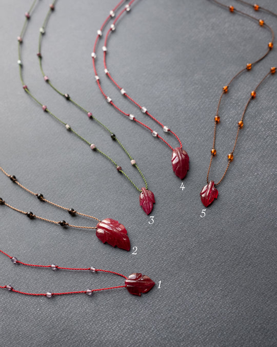 Tanzanian Ruby Hand Carved Leaf Beaded Necklace