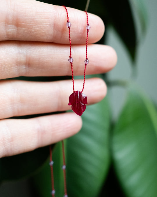 Tanzanian Ruby Hand Carved Leaf Beaded Necklace