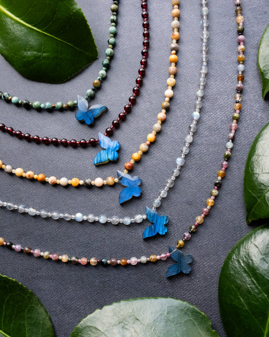 Labradorite Hand Carved Butterfly Beaded Necklace
