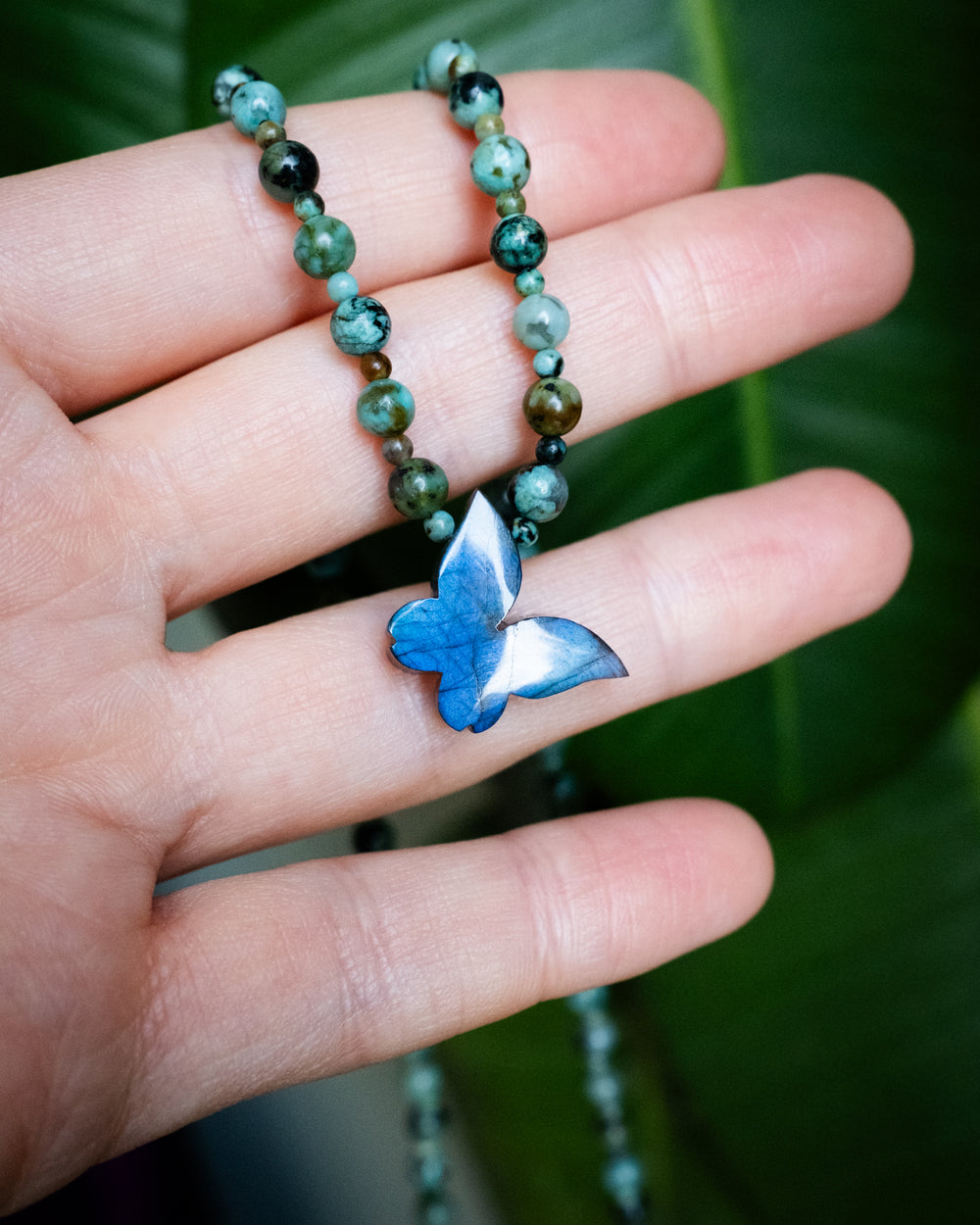 Labradorite Hand Carved Butterfly Beaded Necklace