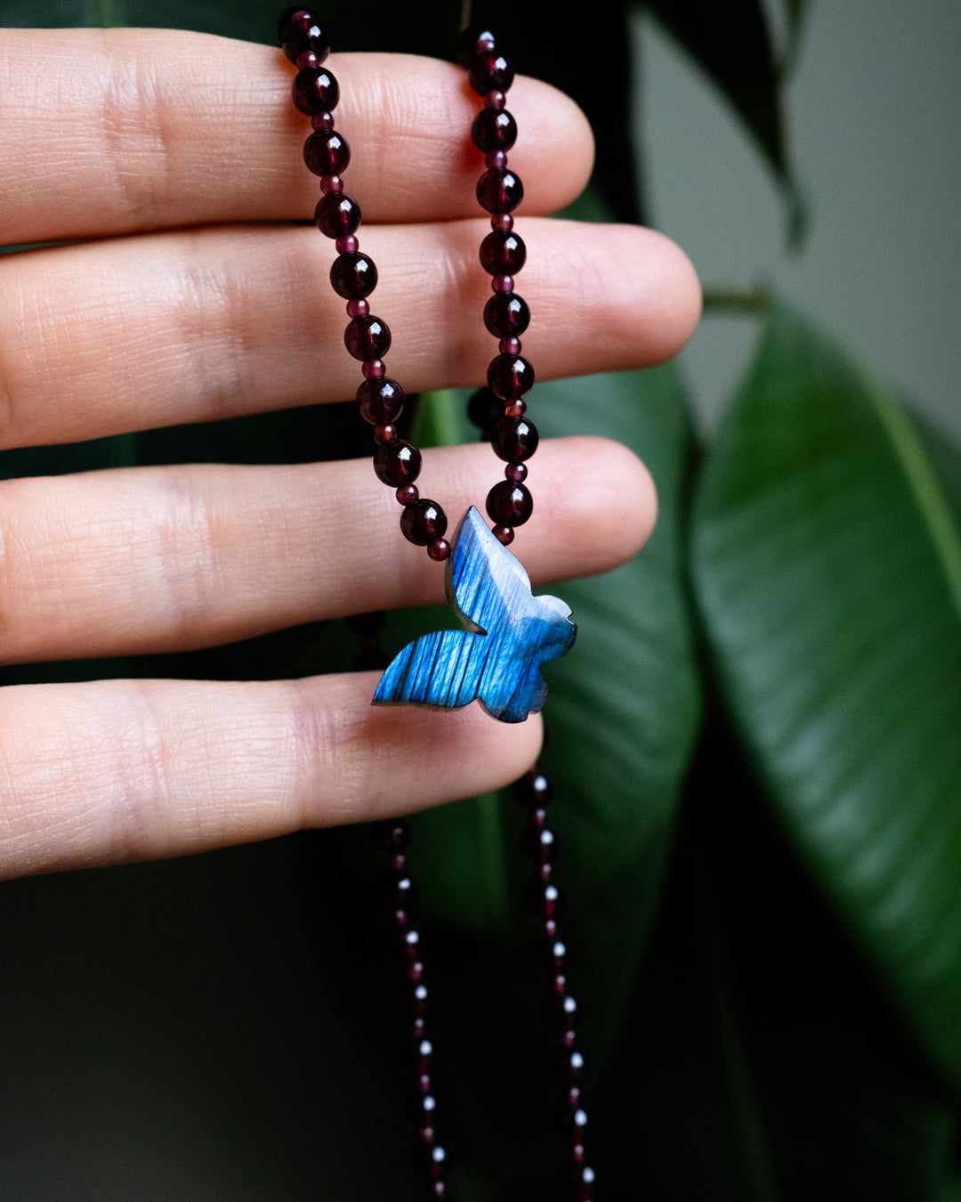 Labradorite Hand Carved Butterfly Beaded Necklace