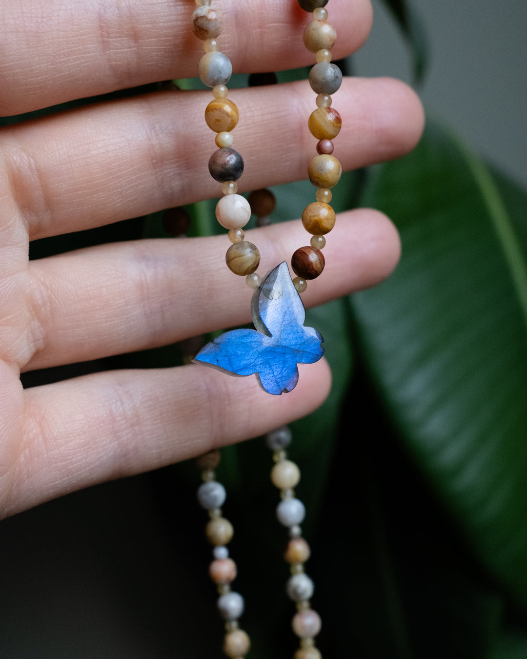 Labradorite Hand Carved Butterfly Beaded Necklace