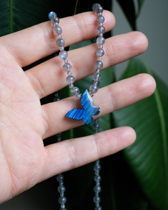 Labradorite Hand Carved Butterfly Beaded Necklace