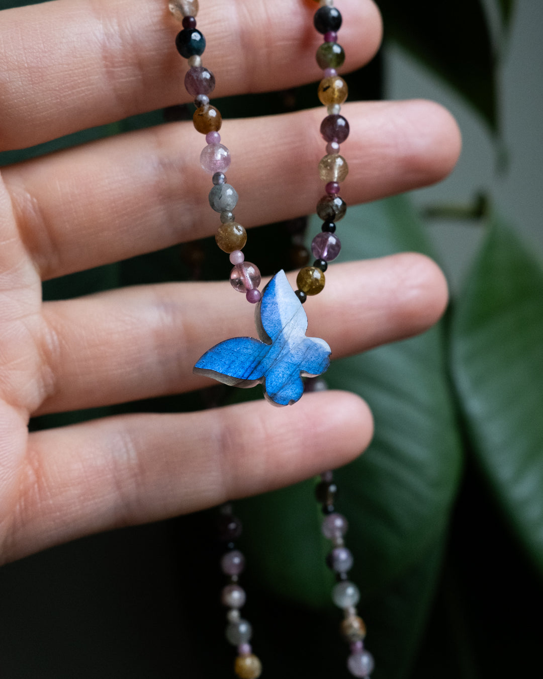 Labradorite Hand Carved Butterfly Beaded Necklace