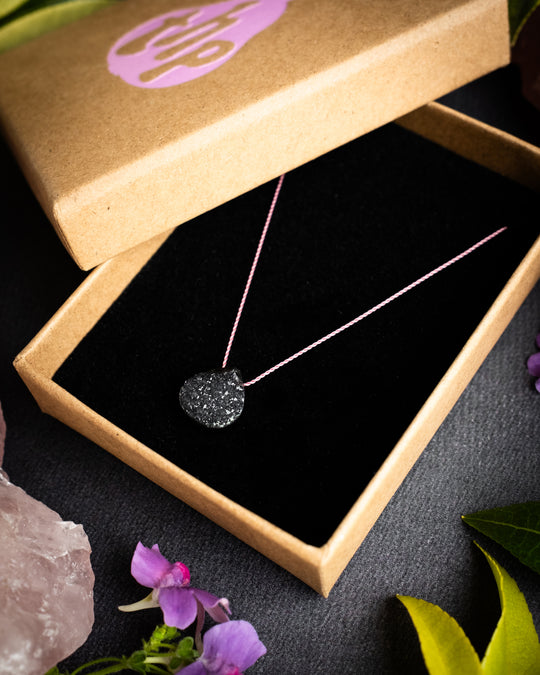 Black Druzy Agate Vegan Silk Necklace