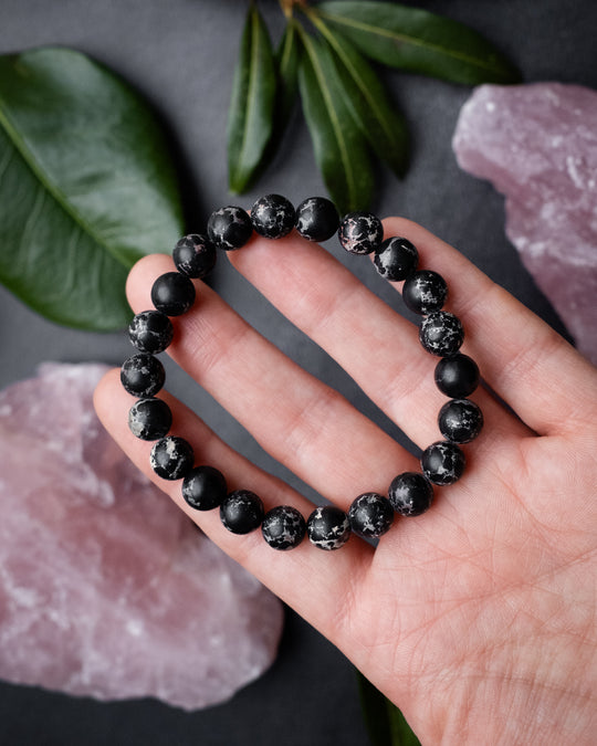 Black Imperial Jasper Round Bead Bracelet 8mm