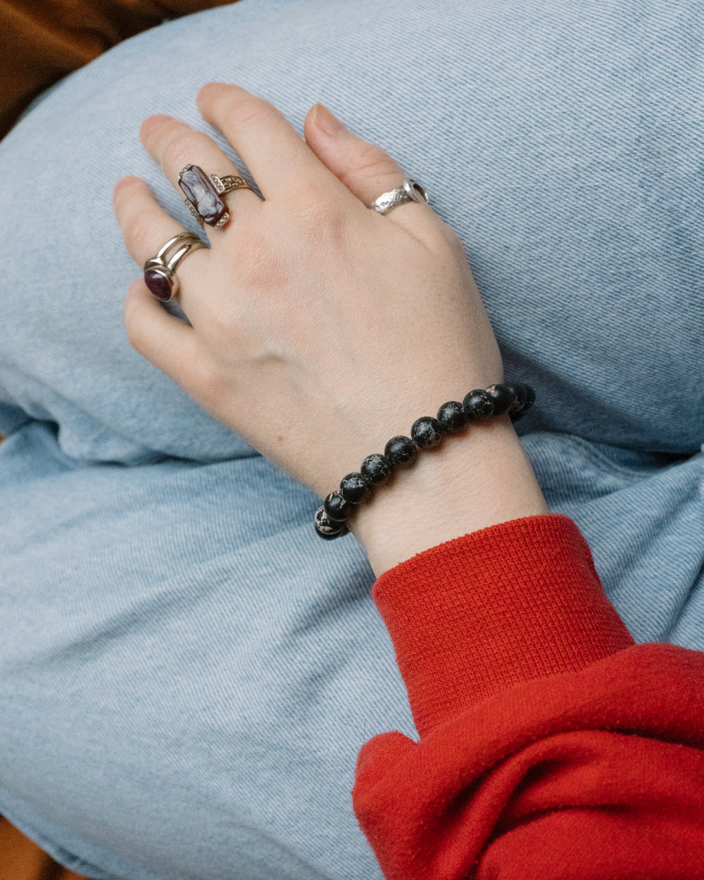 Black Imperial Jasper Round Bead Bracelet 8mm
