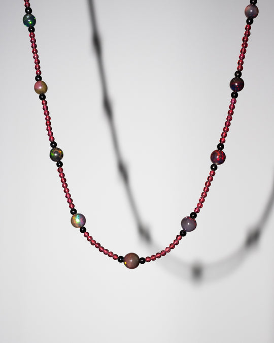 Black Opal, Garnet & Black Spinel 9ct Gold Beaded Satellite Necklace