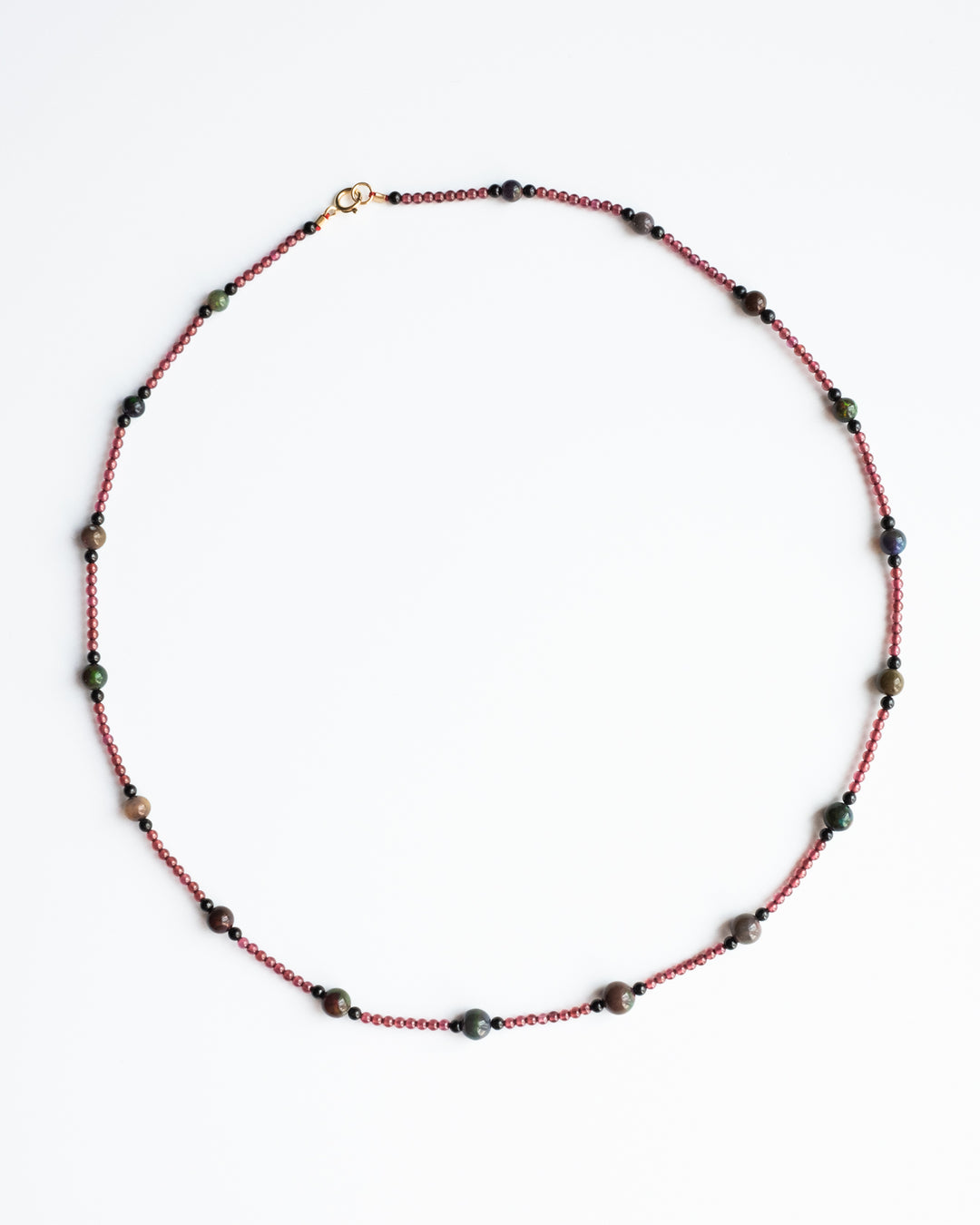 Black Opal, Garnet & Black Spinel 9ct Gold Beaded Satellite Necklace