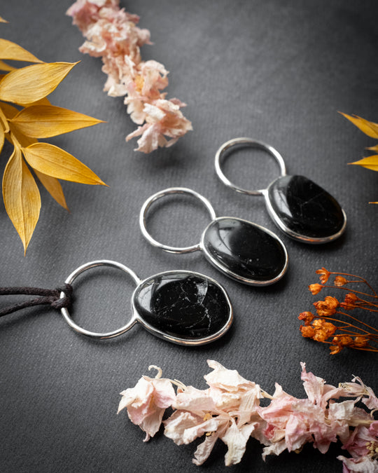 Black Tourmaline Pebble Sterling Silver Necklace