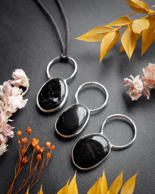 Black Tourmaline Pebble Sterling Silver Necklace