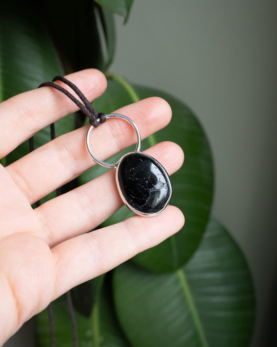 Black Tourmaline Pebble Sterling Silver Necklace