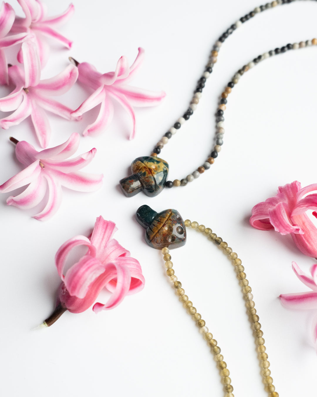 Bloodstone Hand Carved Toadstool Beaded Necklace