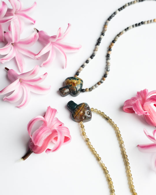 Bloodstone Hand Carved Toadstool Beaded Necklace