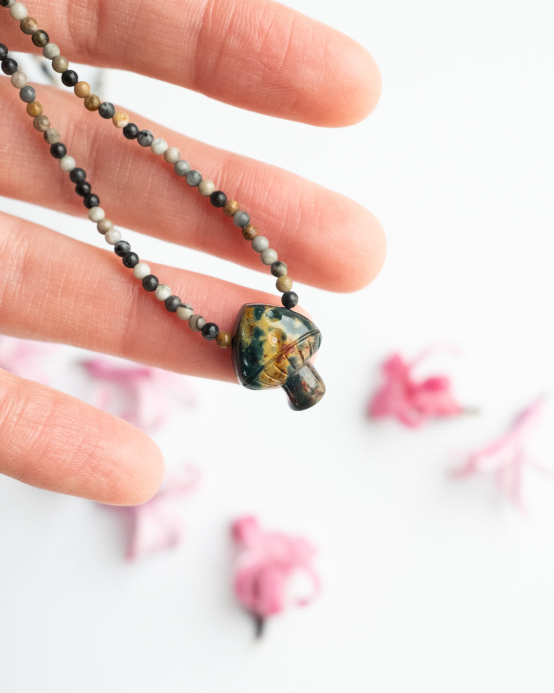 Bloodstone Hand Carved Toadstool Beaded Necklace