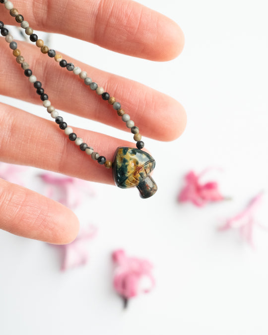 Bloodstone Hand Carved Toadstool Beaded Necklace