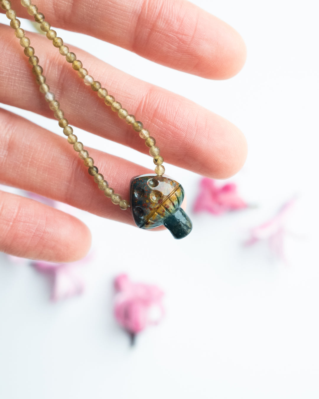 Bloodstone Hand Carved Toadstool Beaded Necklace
