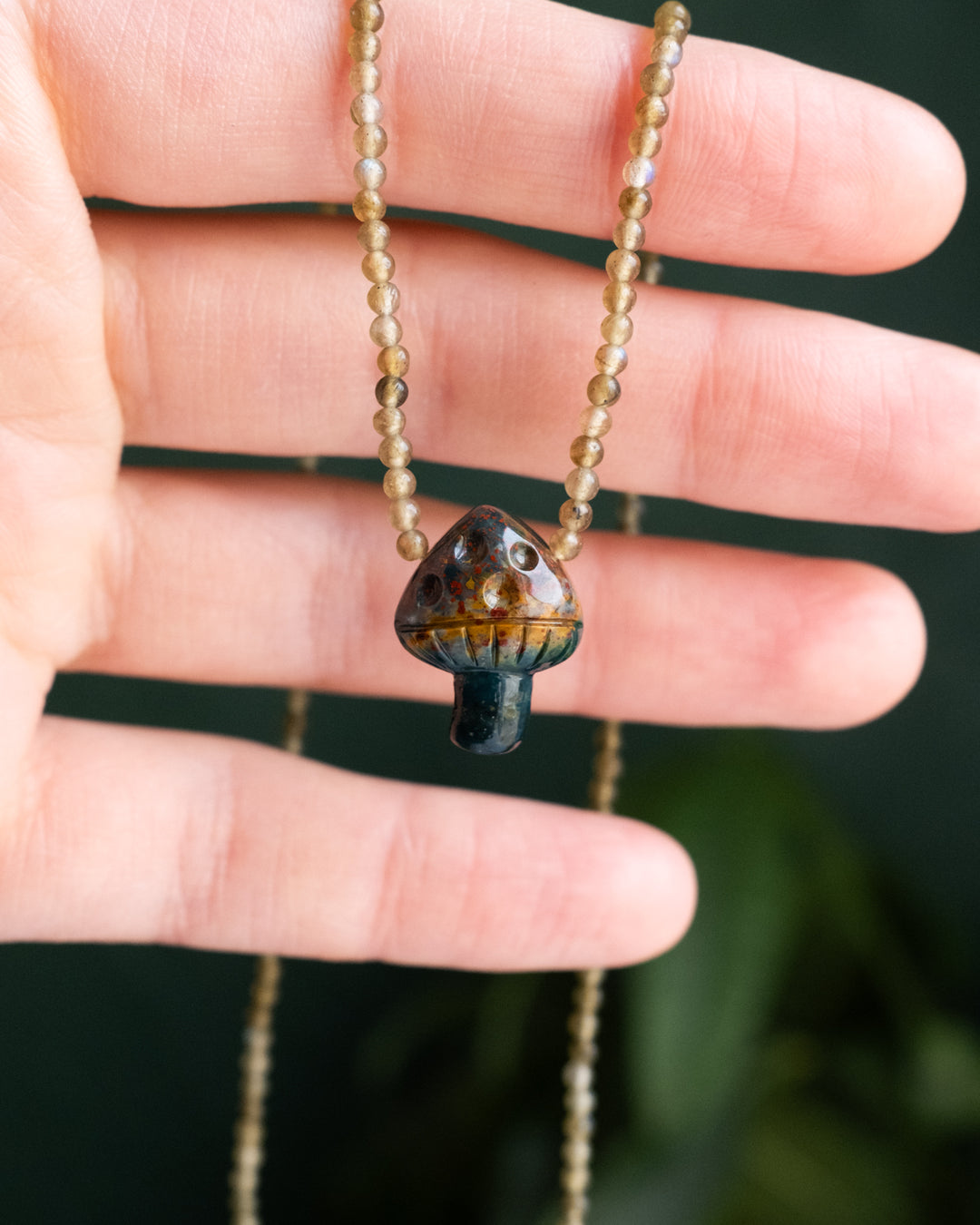 Bloodstone Hand Carved Toadstool Beaded Necklace