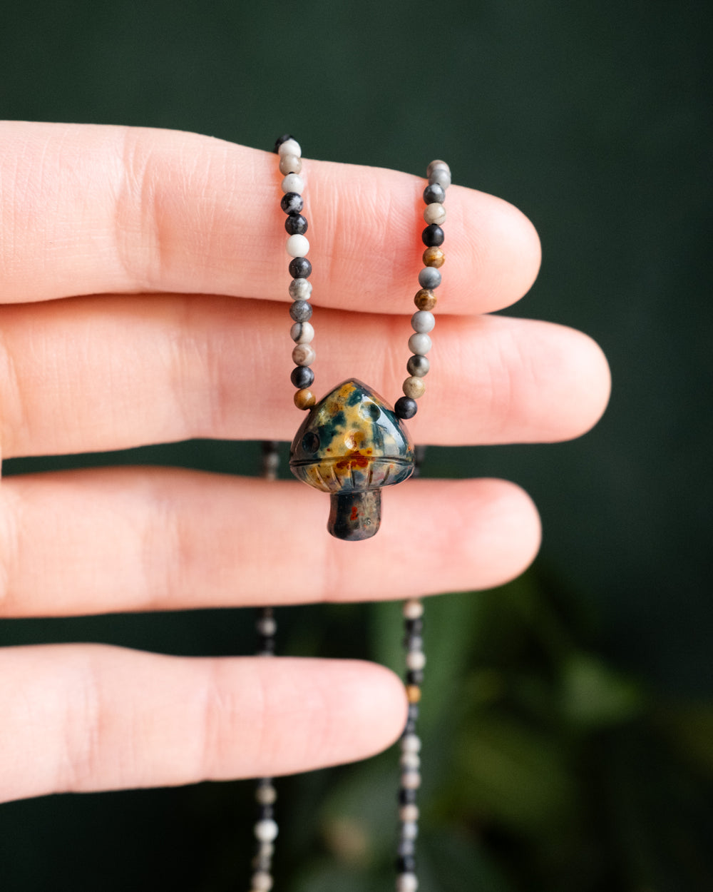 Bloodstone Hand Carved Toadstool Beaded Necklace