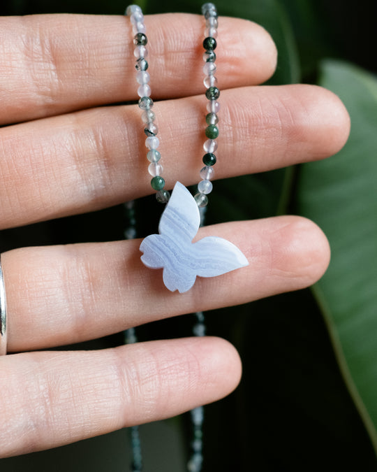 Blue Lace Agate Hand Carved Butterfly Beaded Necklace - The Healing Pear