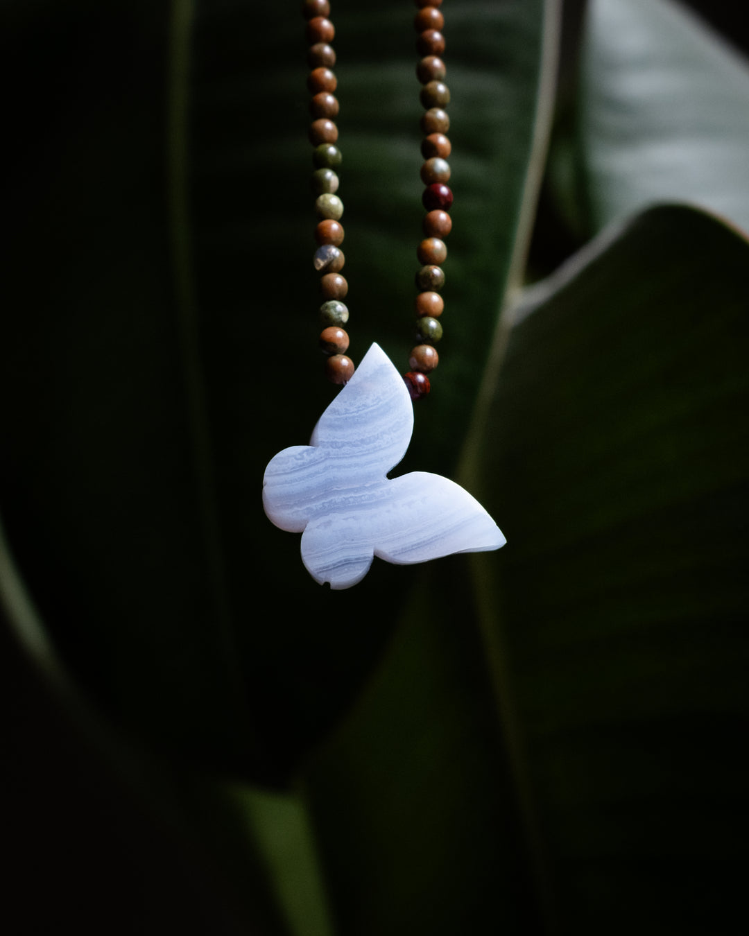 Blue Lace Agate Hand Carved Butterfly Beaded Necklace - The Healing Pear