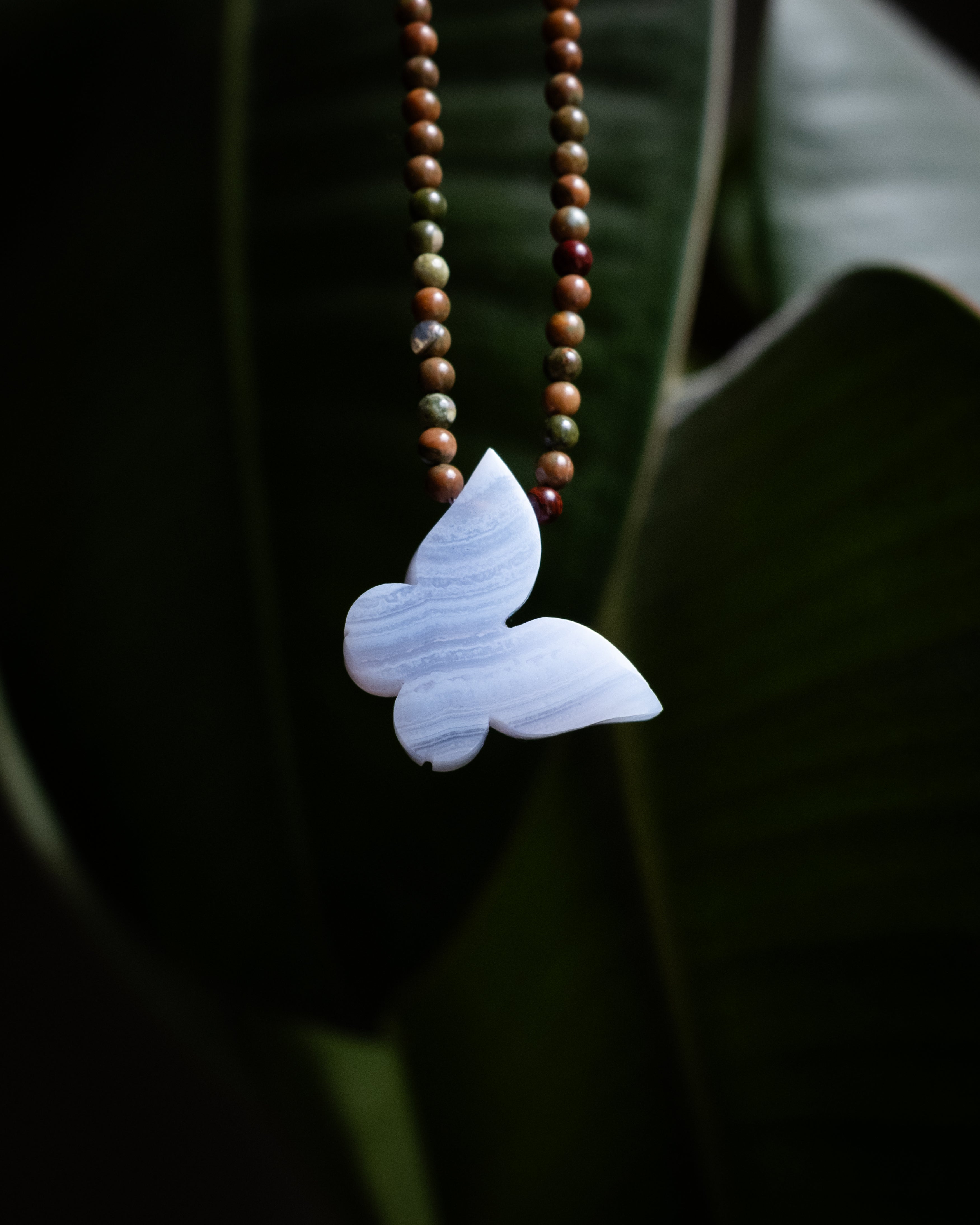Blue Lace Agate Hand Carved Butterfly Beaded Necklace - The Healing Pear