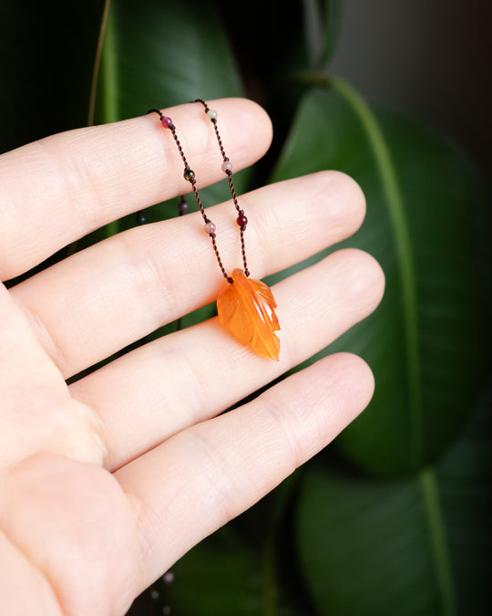 Carnelian Hand Carved Leaf Beaded Necklace