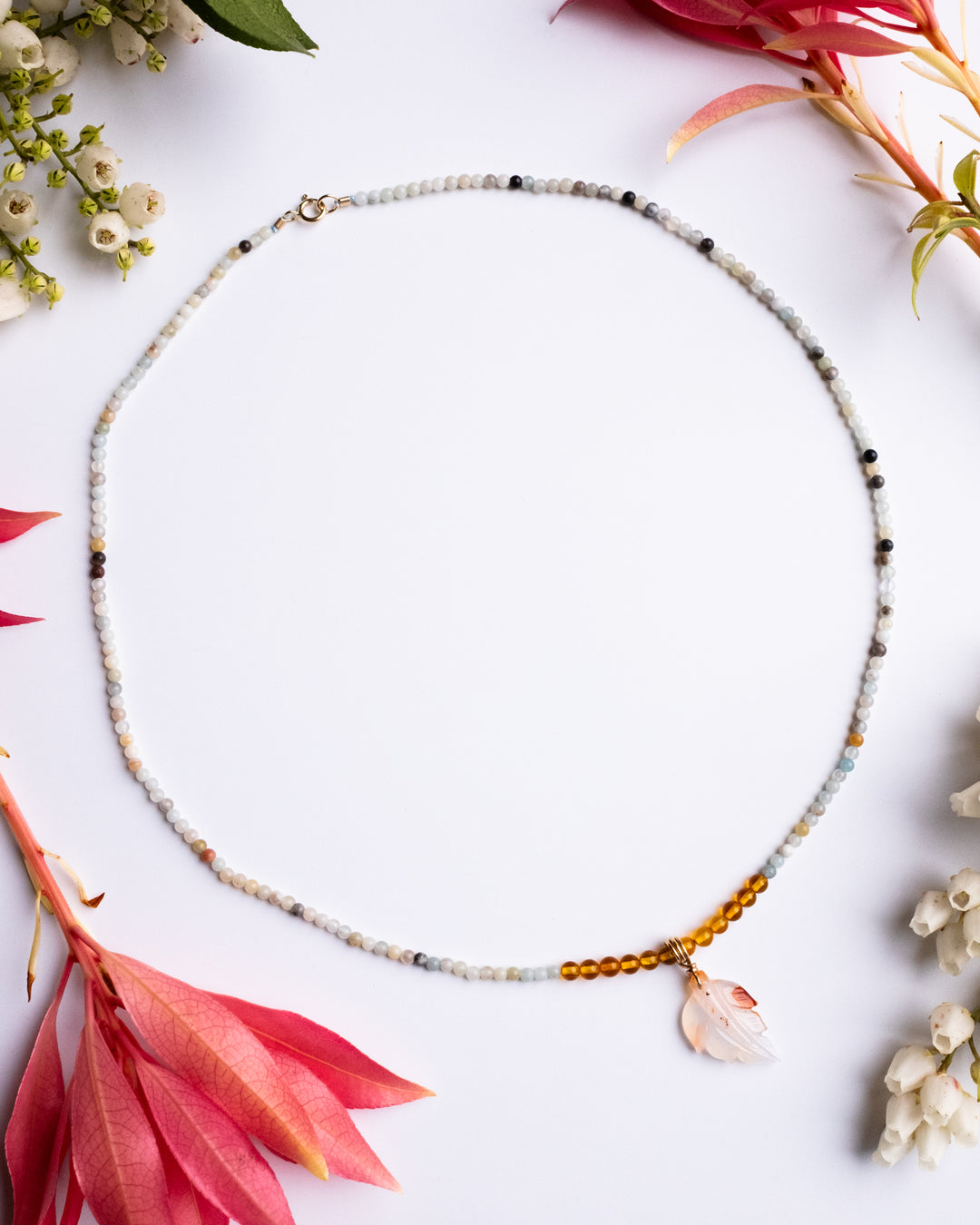Carnelian Leaf, Amazonite &amp; Baltic Amber Recycled 9ct Gold Beaded Necklace - The Healing Pear