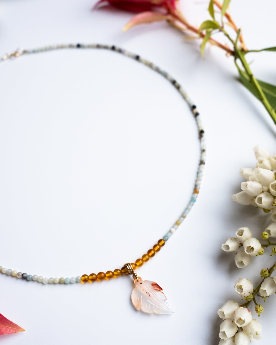 Carnelian Leaf, Amazonite &amp; Baltic Amber Recycled 9ct Gold Beaded Necklace - The Healing Pear