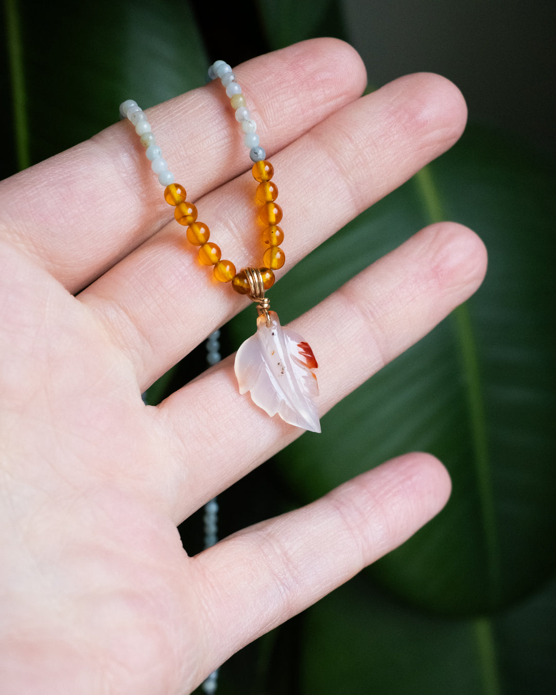 Carnelian Leaf, Amazonite &amp; Baltic Amber Recycled 9ct Gold Beaded Necklace - The Healing Pear