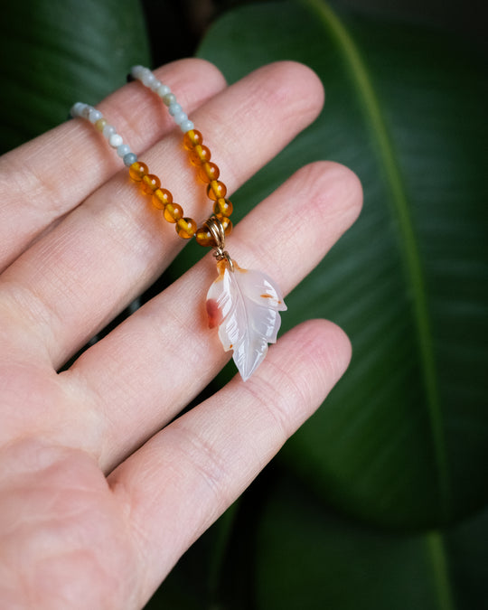 Carnelian Leaf, Amazonite &amp; Baltic Amber Recycled 9ct Gold Beaded Necklace - The Healing Pear