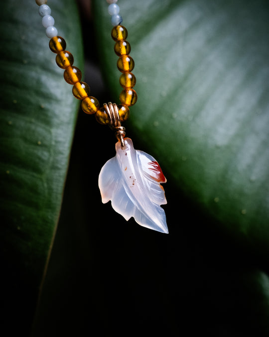 Carnelian Leaf, Amazonite &amp; Baltic Amber Recycled 9ct Gold Beaded Necklace - The Healing Pear