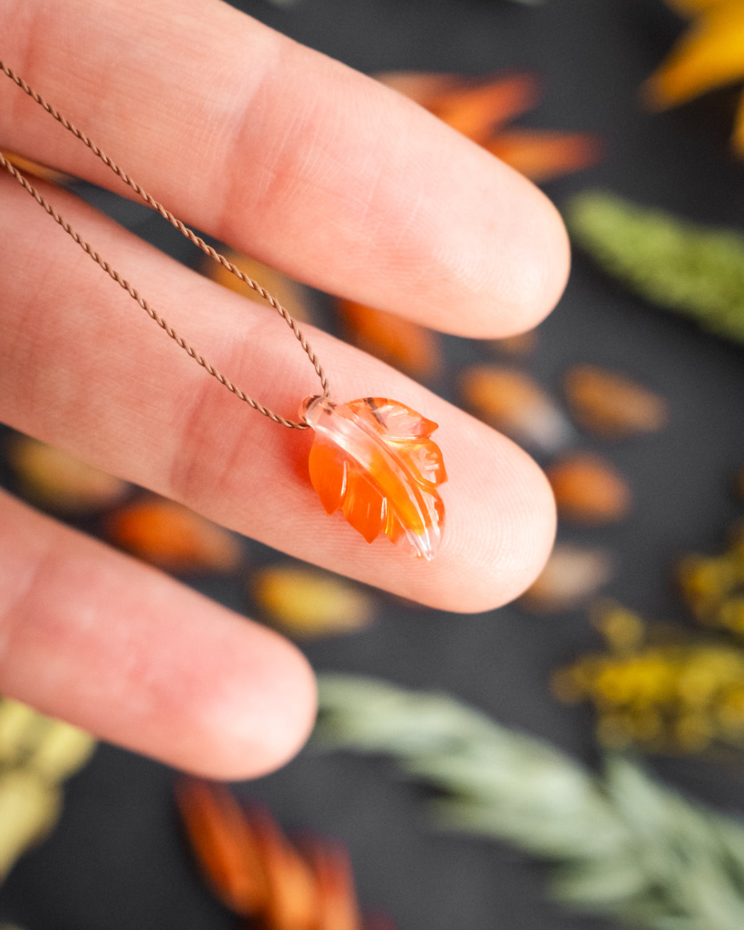 Carnelian Hand Carved Vegan Silk Leaf Necklace - The Healing Pear