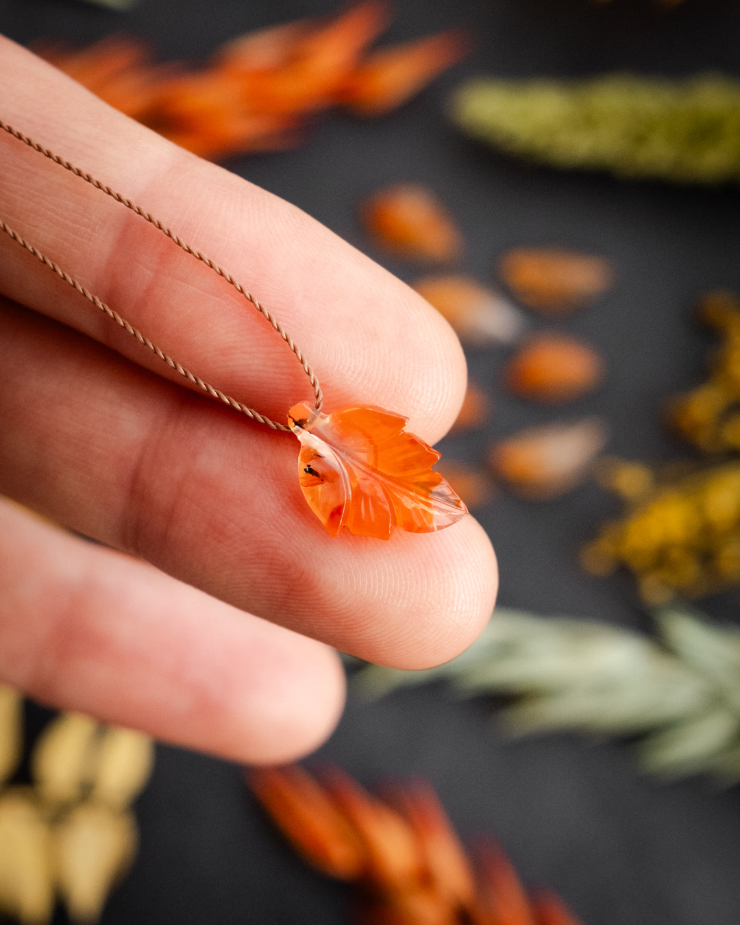 Carnelian Hand Carved Vegan Silk Leaf Necklace - The Healing Pear