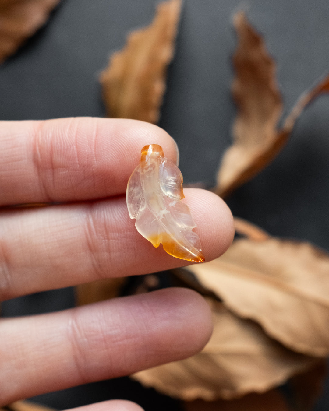 Carnelian Hand Carved Vegan Silk Leaf Necklace