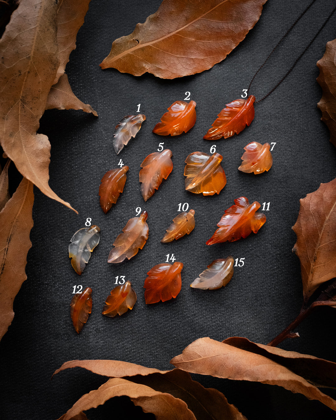 Carnelian Hand Carved Vegan Silk Leaf Necklace