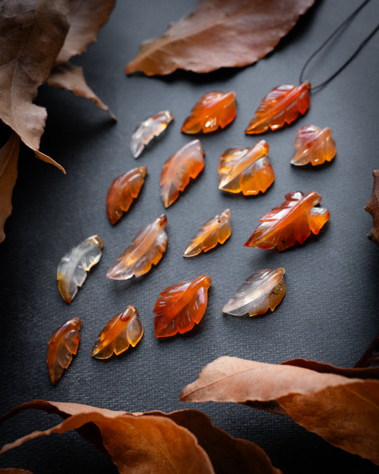 Carnelian Hand Carved Vegan Silk Leaf Necklace