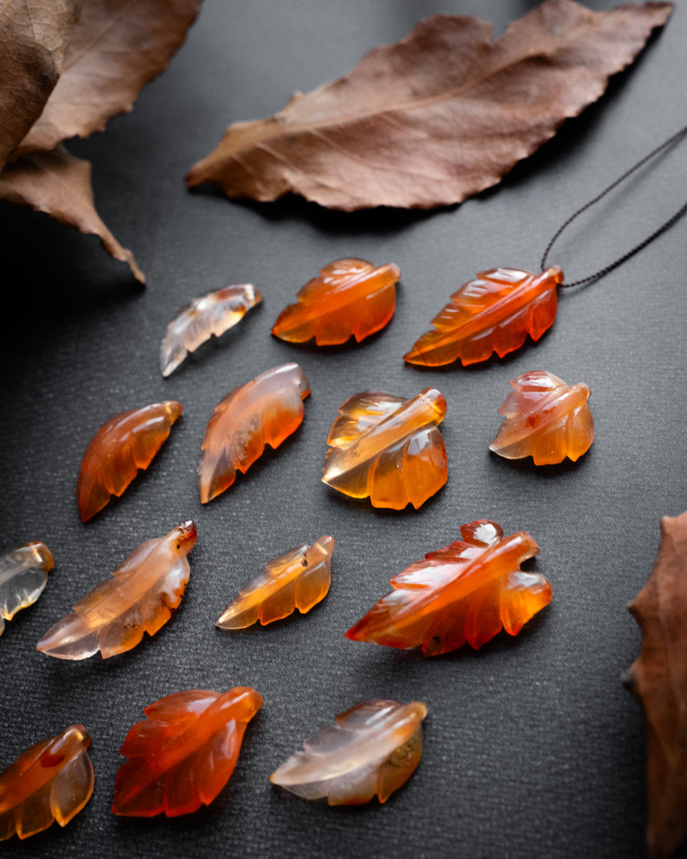 Carnelian Hand Carved Vegan Silk Leaf Necklace