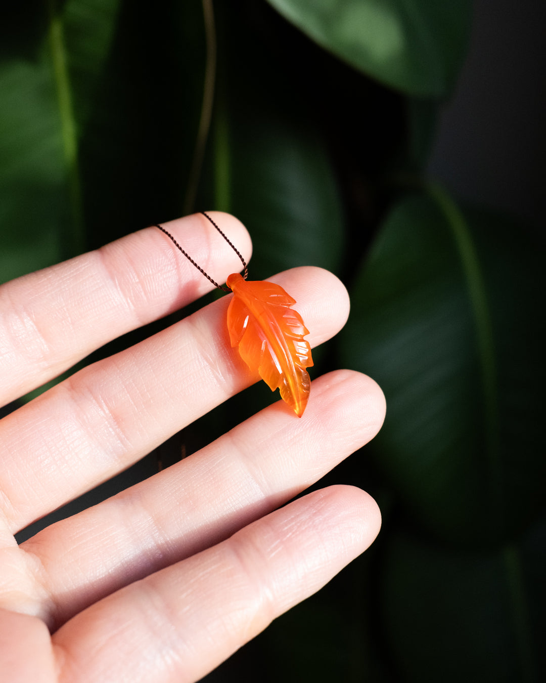 Carnelian Hand Carved Vegan Silk Leaf Necklace