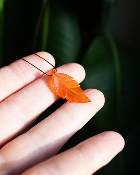 Carnelian Hand Carved Vegan Silk Leaf Necklace